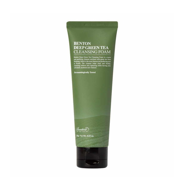 Benton Deep Green Tea Cleansing Foam 120g tube with green tea leaves
